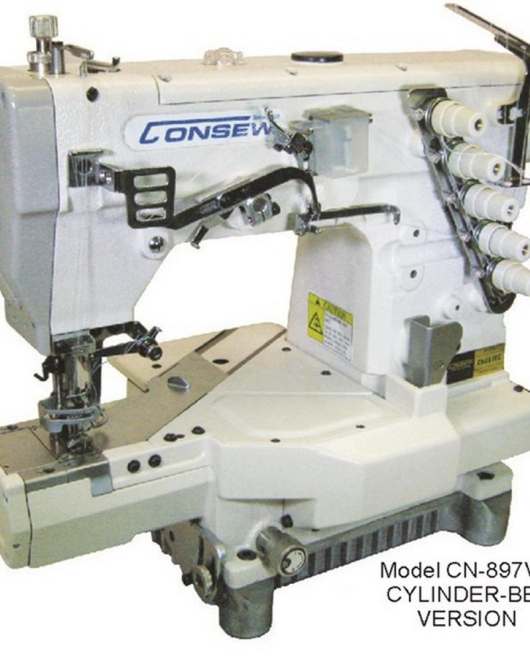 Consew CN897CV-1 Cylinder Bed 2/3 Needle, 4/5 Thread Coverstitch Machine with Assembled Table and Servo Motor